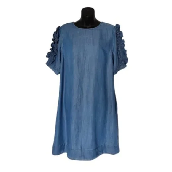 crown & ivy | Dresses | Crown Ivy Euc Lyocell Denim Shift Dress W Pockets  Ruffle Sleeves Size M | Poshmark